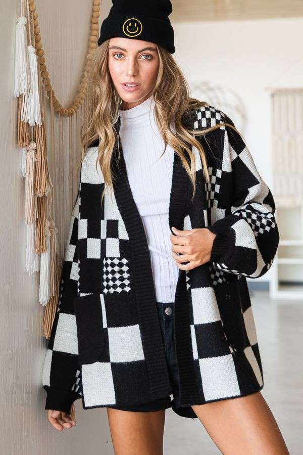 Block Check Open Knit Cardigan