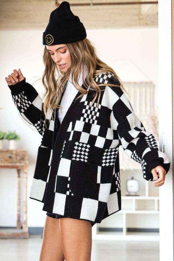 Block Check Open Knit Cardigan